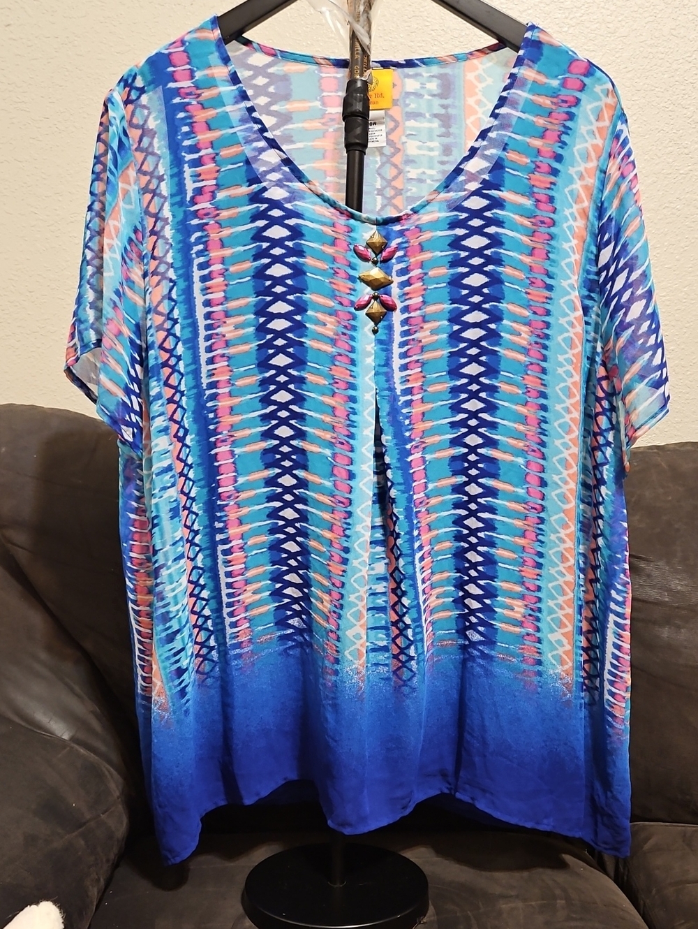 Ruby Rd. Blue Multicolor Patterned V-Neck Tunic with Front Accent Buttons